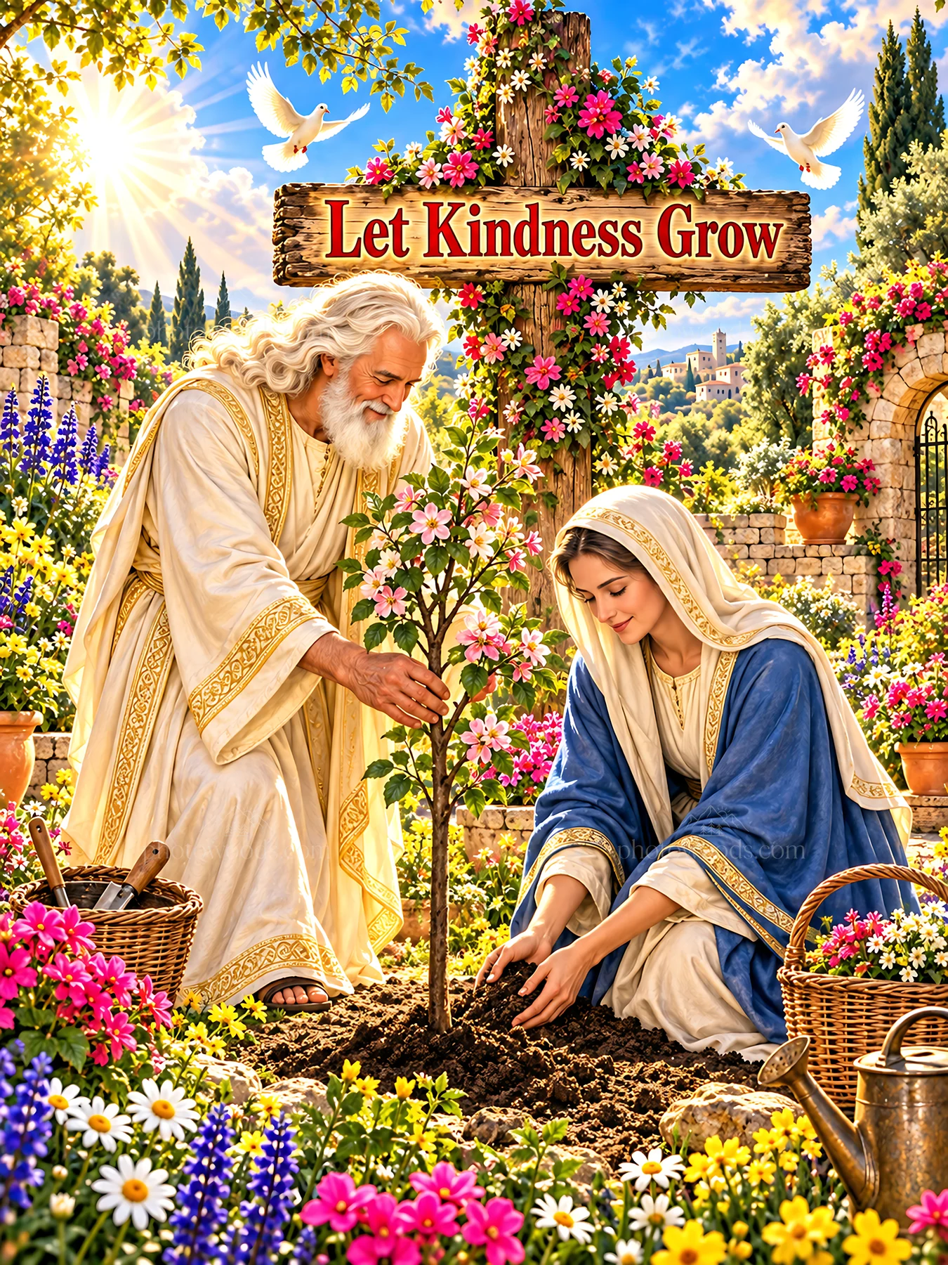 Jesus Christ planting a tree with a woman in a garden - AI-generated stock image