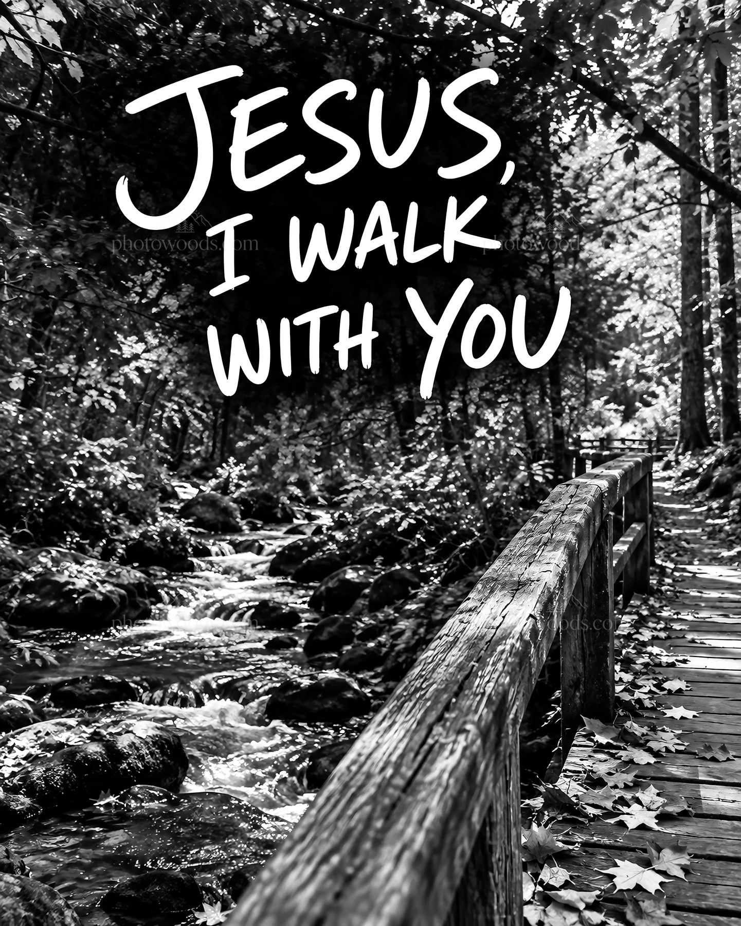 Jesus Christ in a nature setting walking along a bridge - AI-generated stock image
