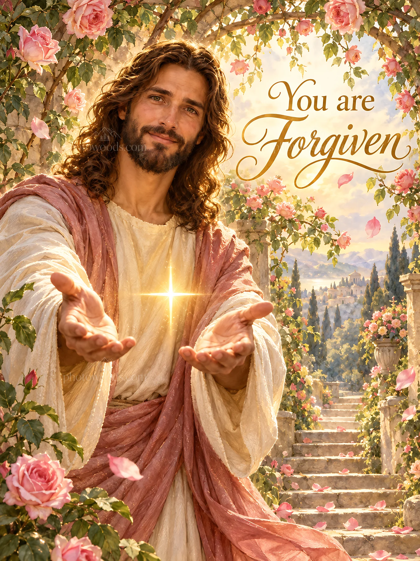 Jesus Christ welcoming and offering forgiveness to viewers - AI-generated stock image