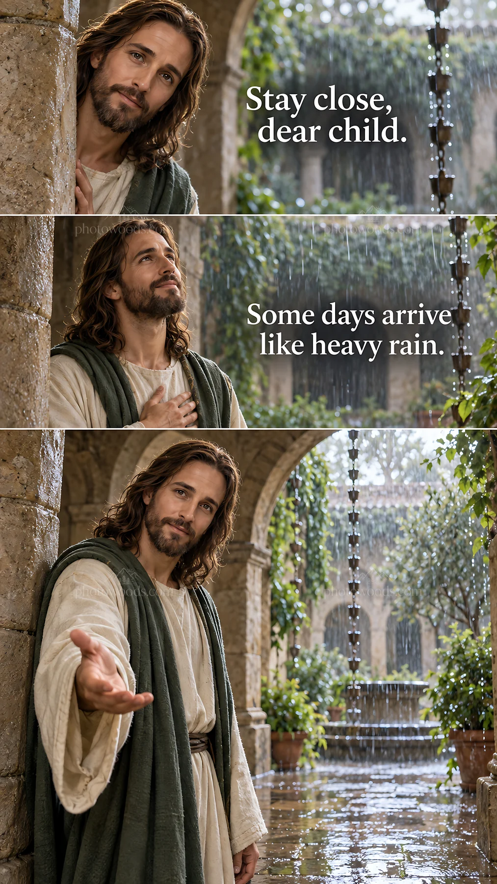 Jesus Christ comforting a child in the rain - AI-generated stock image
