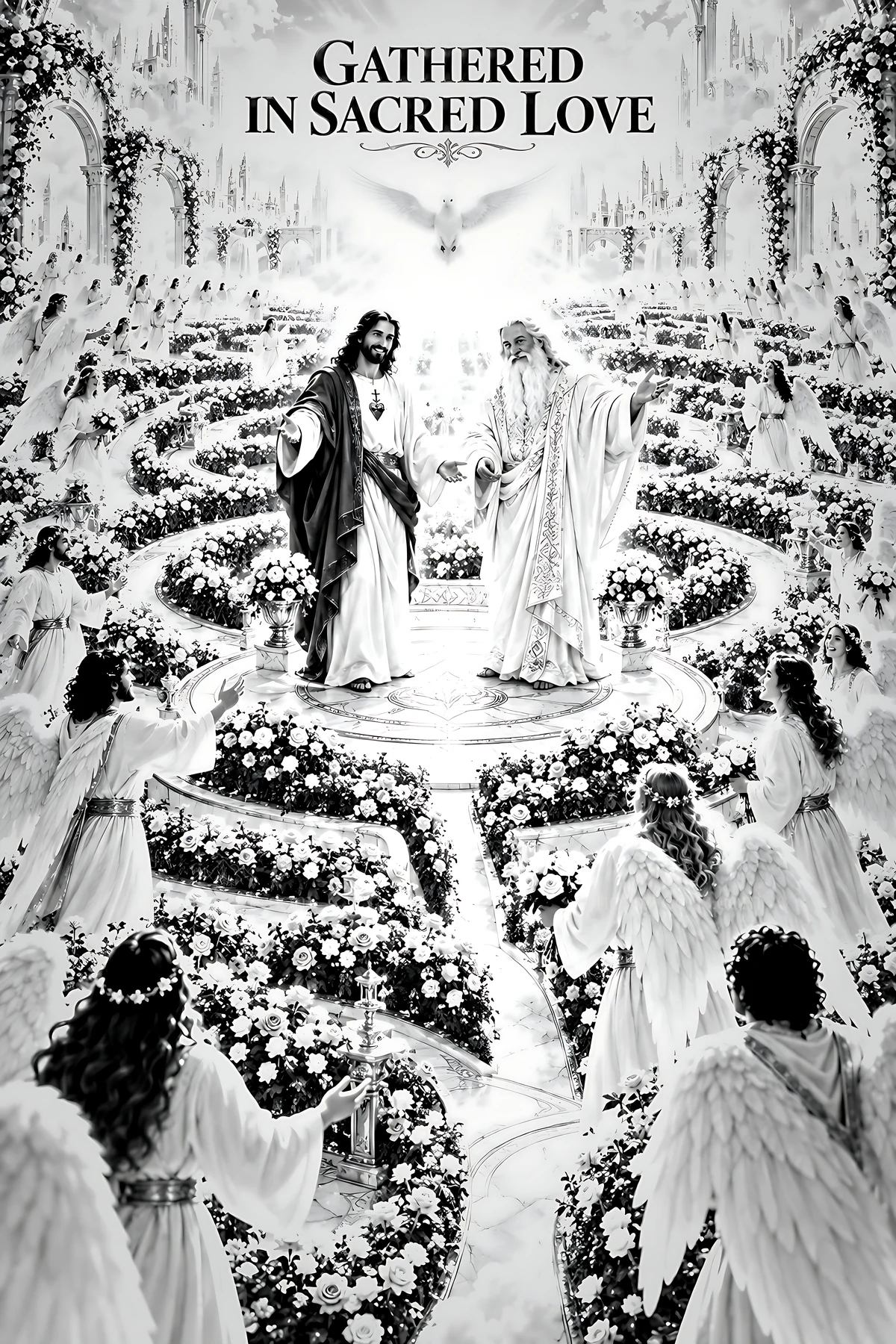 Gathered in sacred love scene with angels and figures - AI-generated stock image