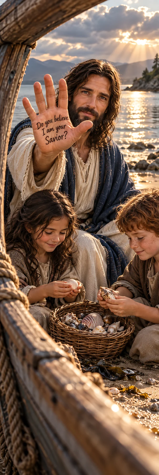 Jesus Christ sharing a moment with children by the water - AI-generated stock image