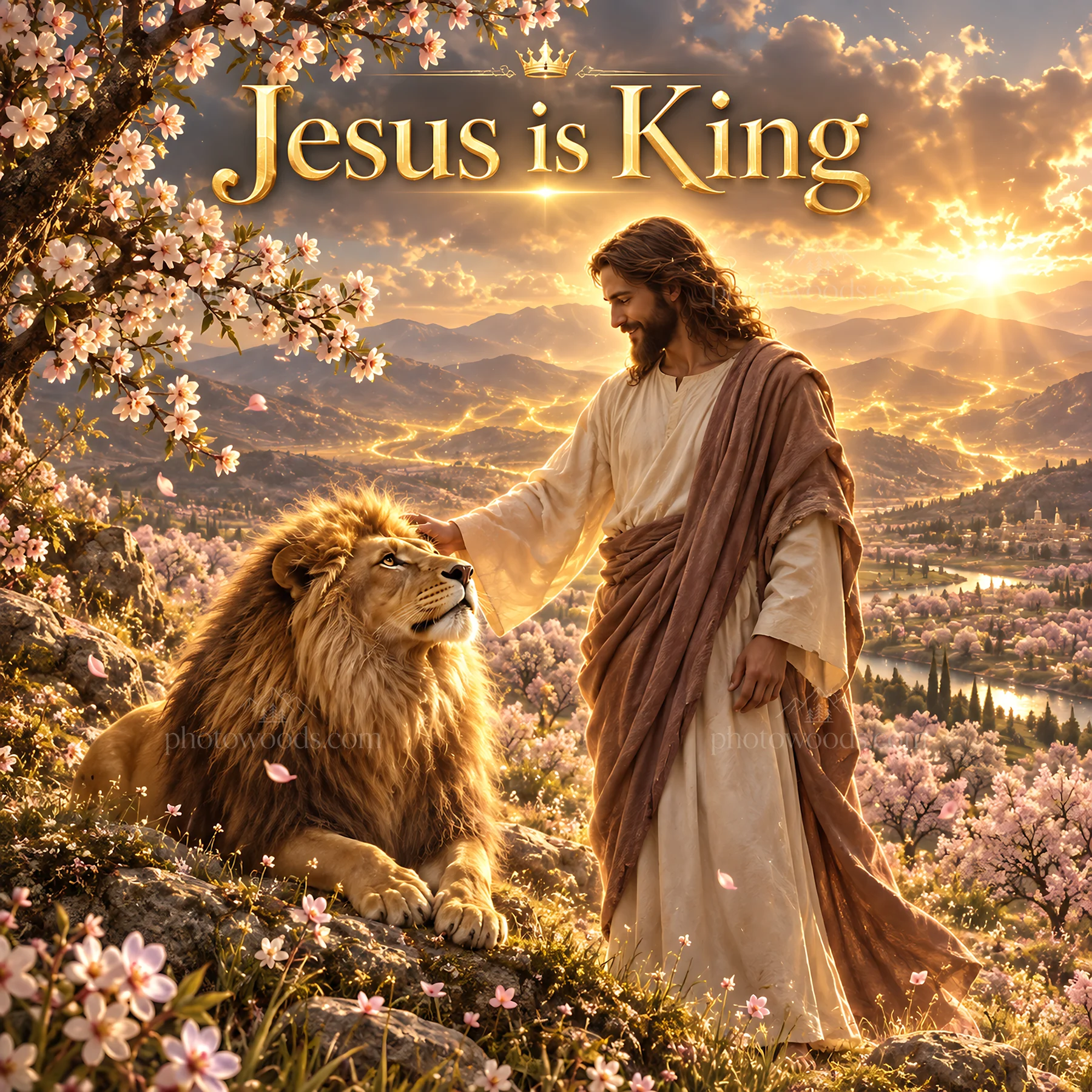 Jesus Christ comforts a lion in a peaceful landscape - AI-generated stock image