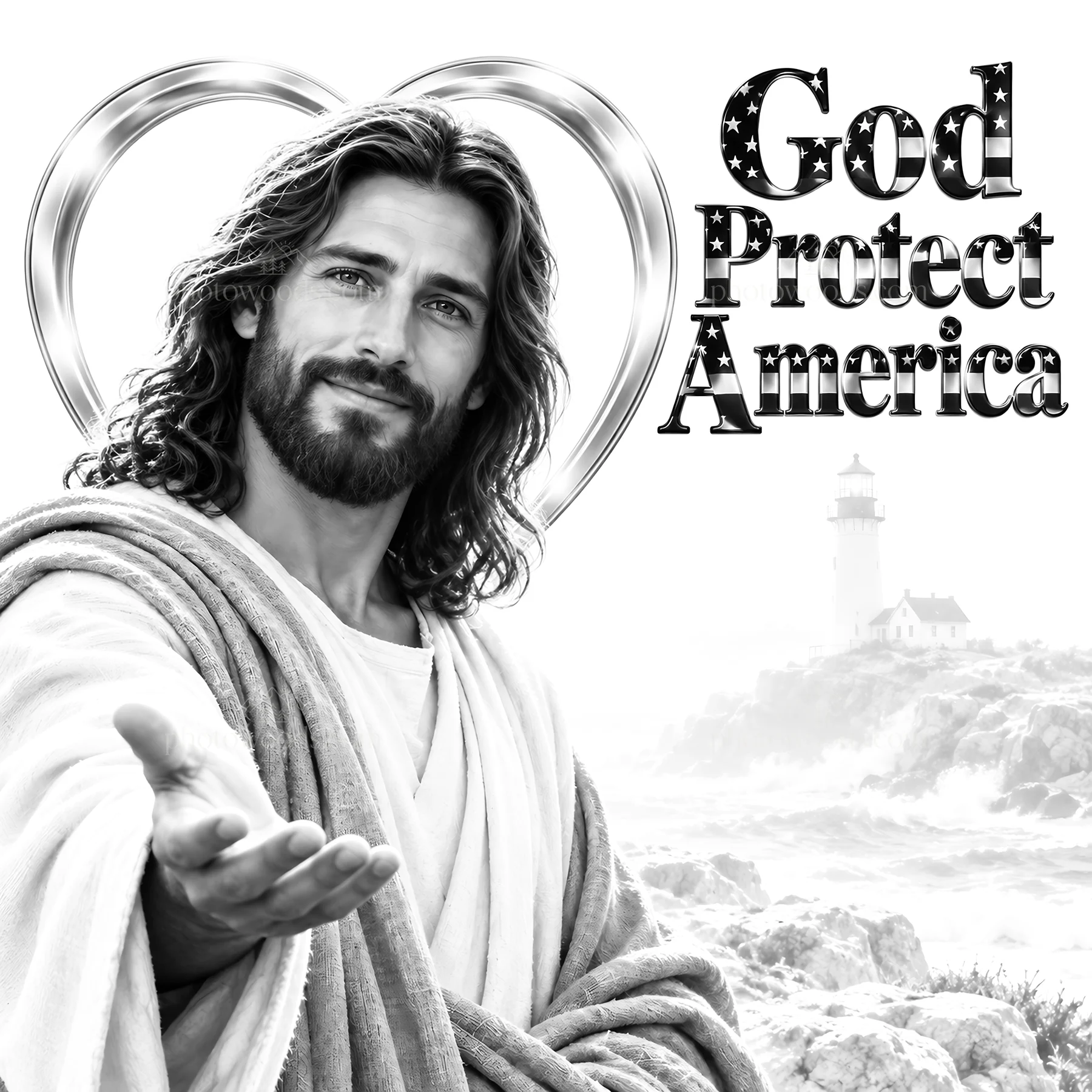 Jesus Christ welcoming with a message to protect America - AI-generated stock image