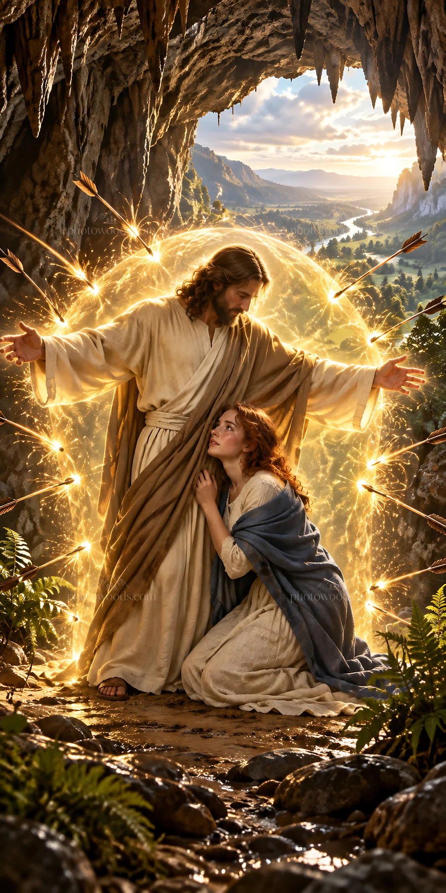 Jesus Christ comforting a woman in a cave - AI-generated stock image
