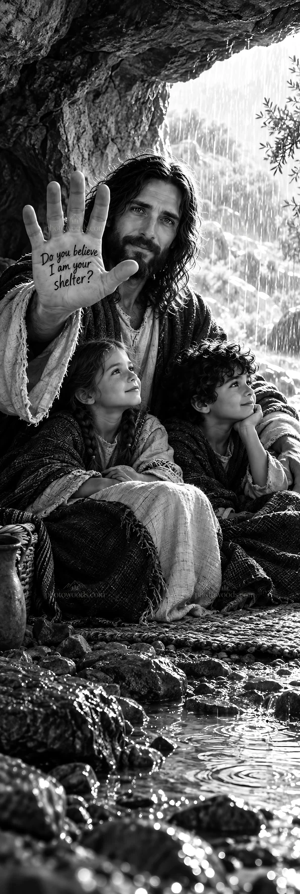 Jesus Christ offers comfort to children in a sheltering place - AI-generated stock image