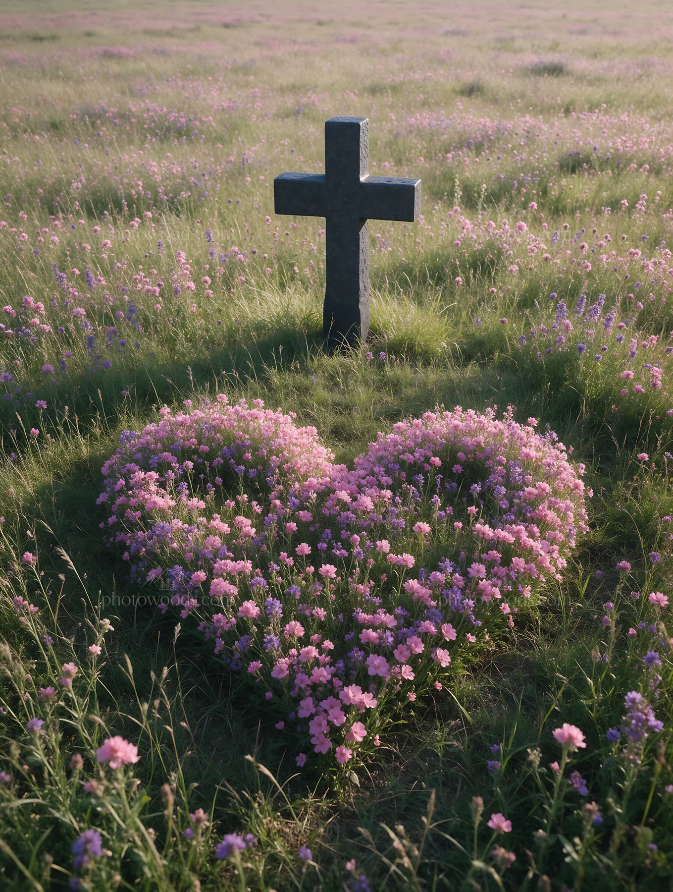Dark Christian cross surrounded by flowers in summer meadow - AI-generated stock image