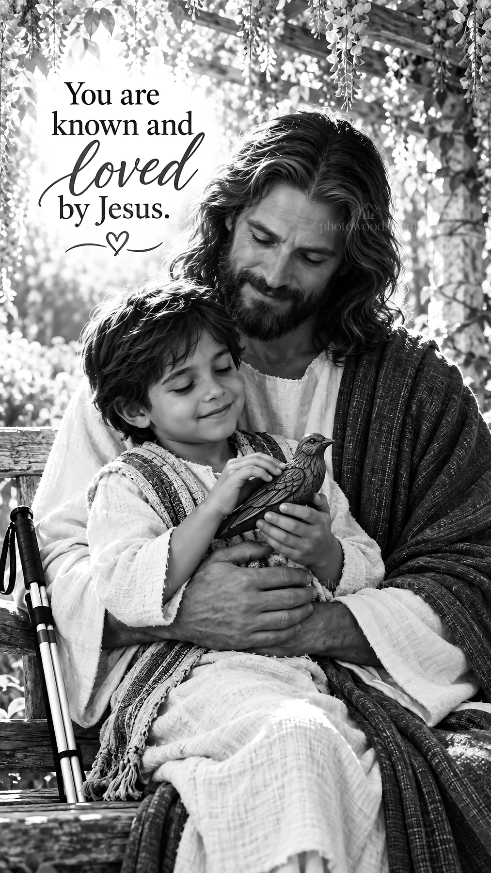 Jesus Christ comforts a child with a bird - AI-generated stock image