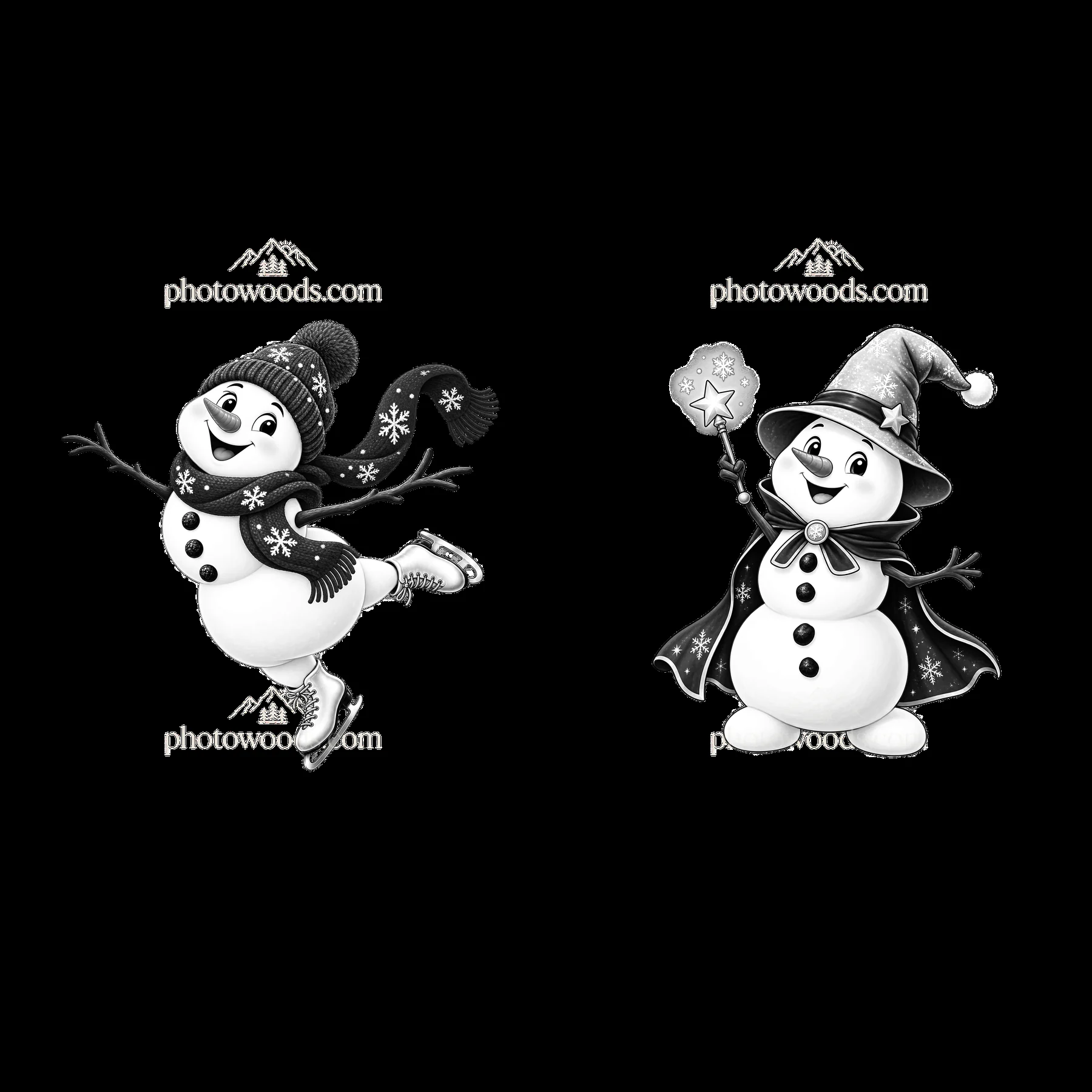 Christmas snowman skating and snowman with a magic wand - AI-generated stock image