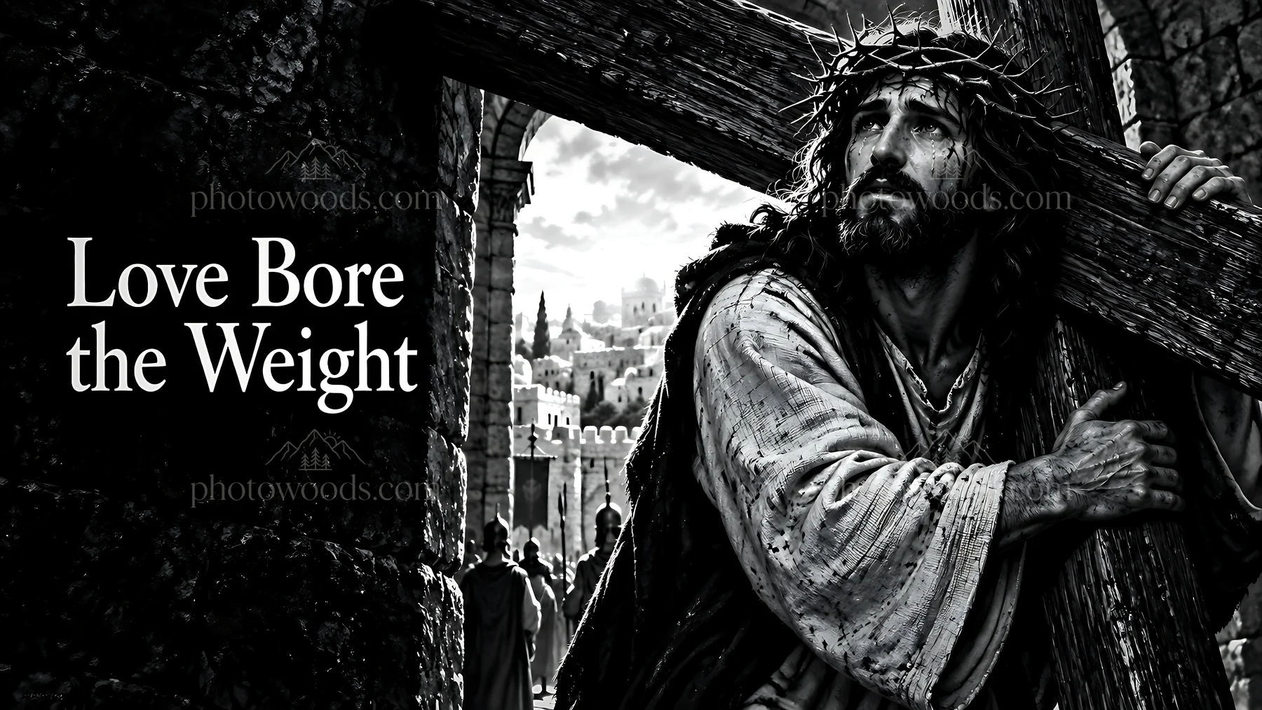 Love bore the weight of the cross in a historic setting - AI-generated stock image