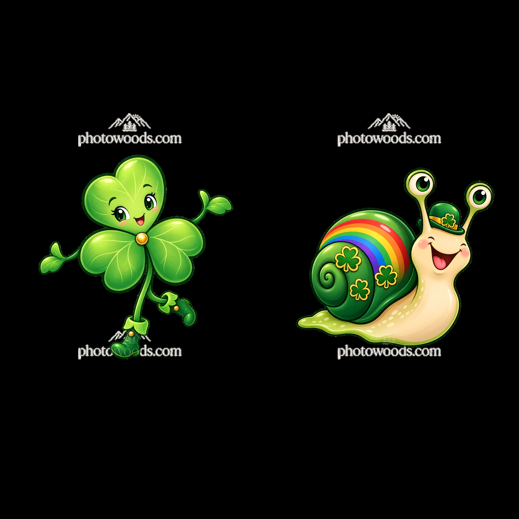 Happy shamrock and cheerful snail celebrate St. Patrick's Day - AI-generated stock image