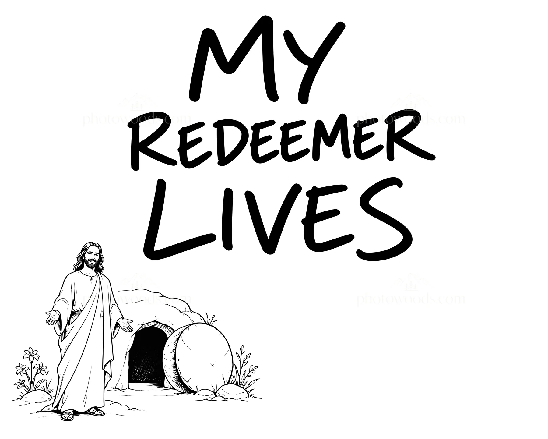 Jesus Christ stands outside the tomb with welcoming arms - AI-generated stock image