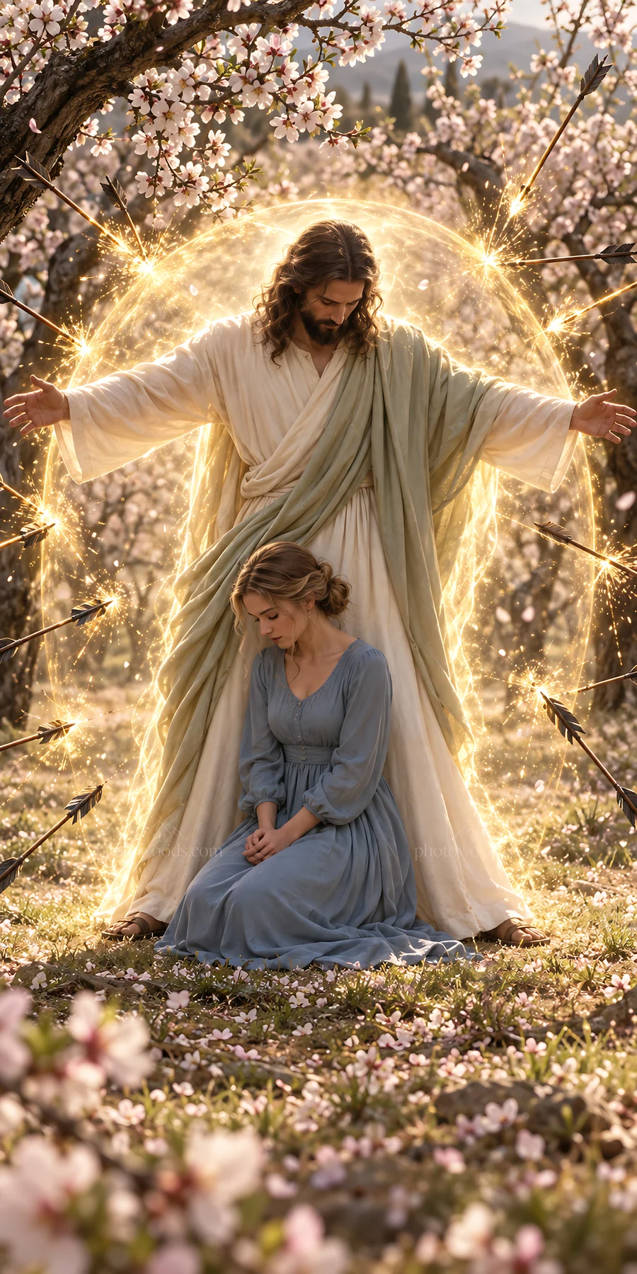 Jesus Christ comforting a woman in a blooming garden - AI-generated stock image