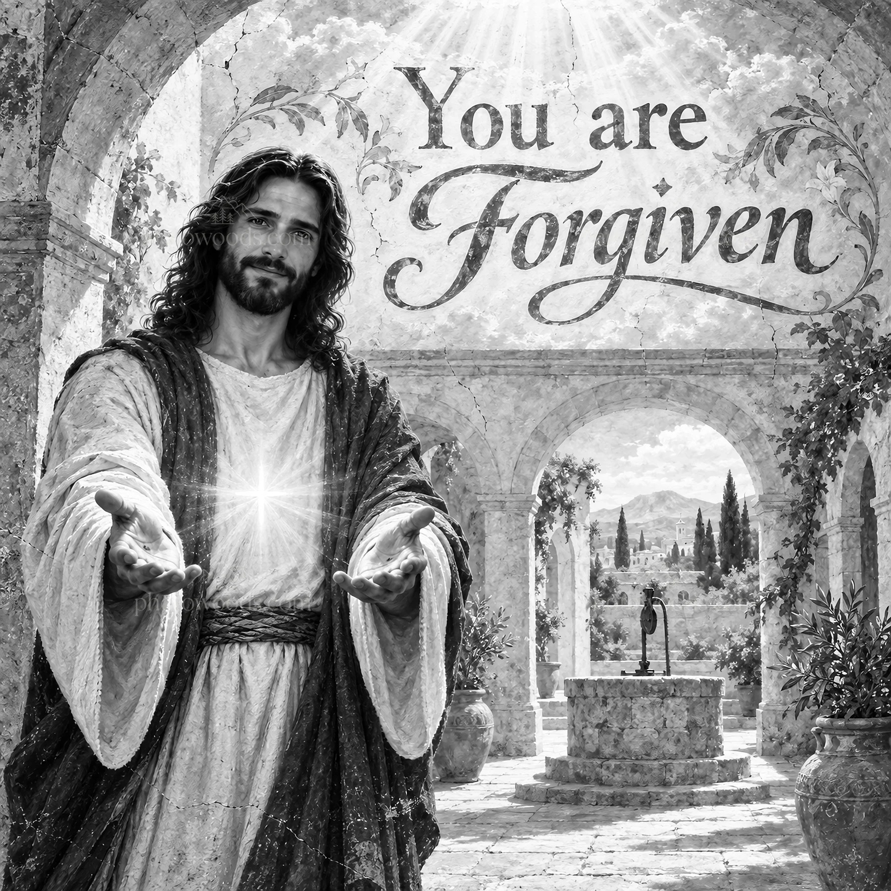 Jesus Christ offering forgiveness in a serene setting - AI-generated stock image