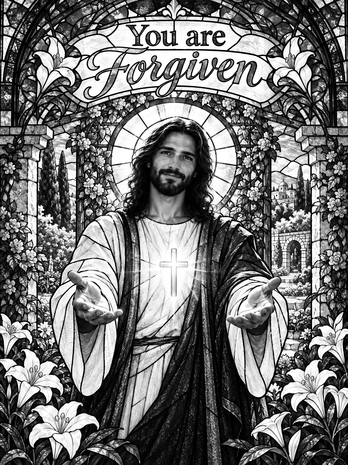 Jesus Christ offering forgiveness with open hands - AI-generated stock image