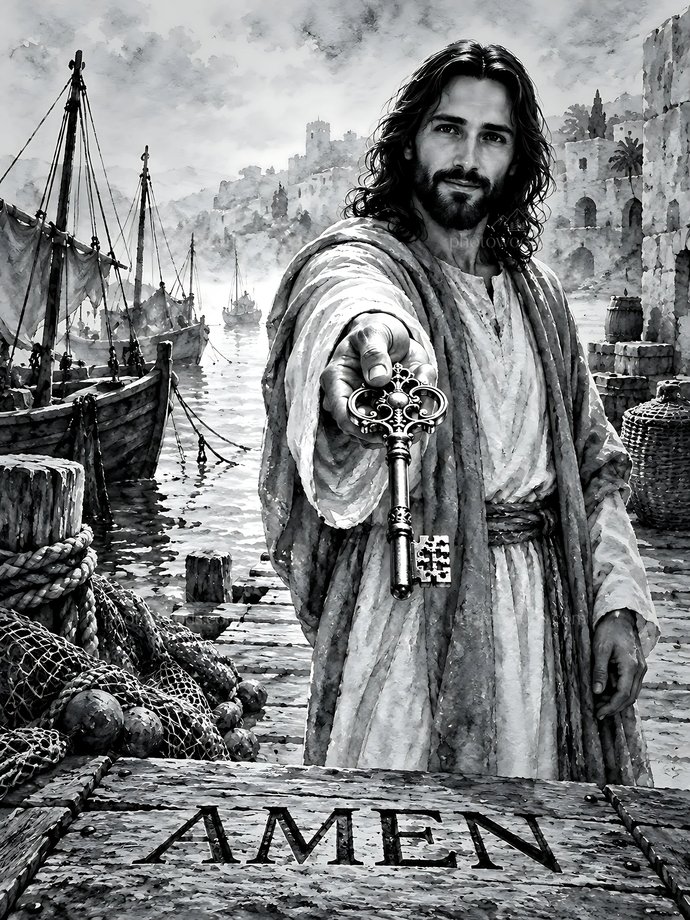 A figure holding a key near boats at a harbor - AI-generated stock image