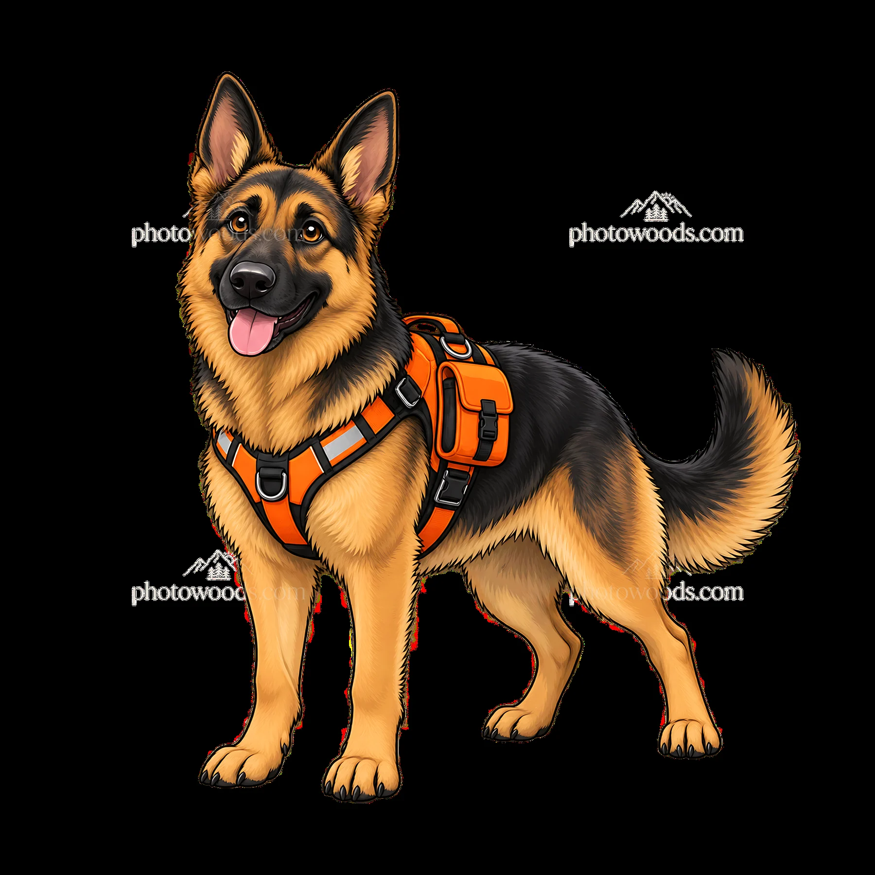 German shepherd dog in an orange harness standing proudly - AI-generated stock image