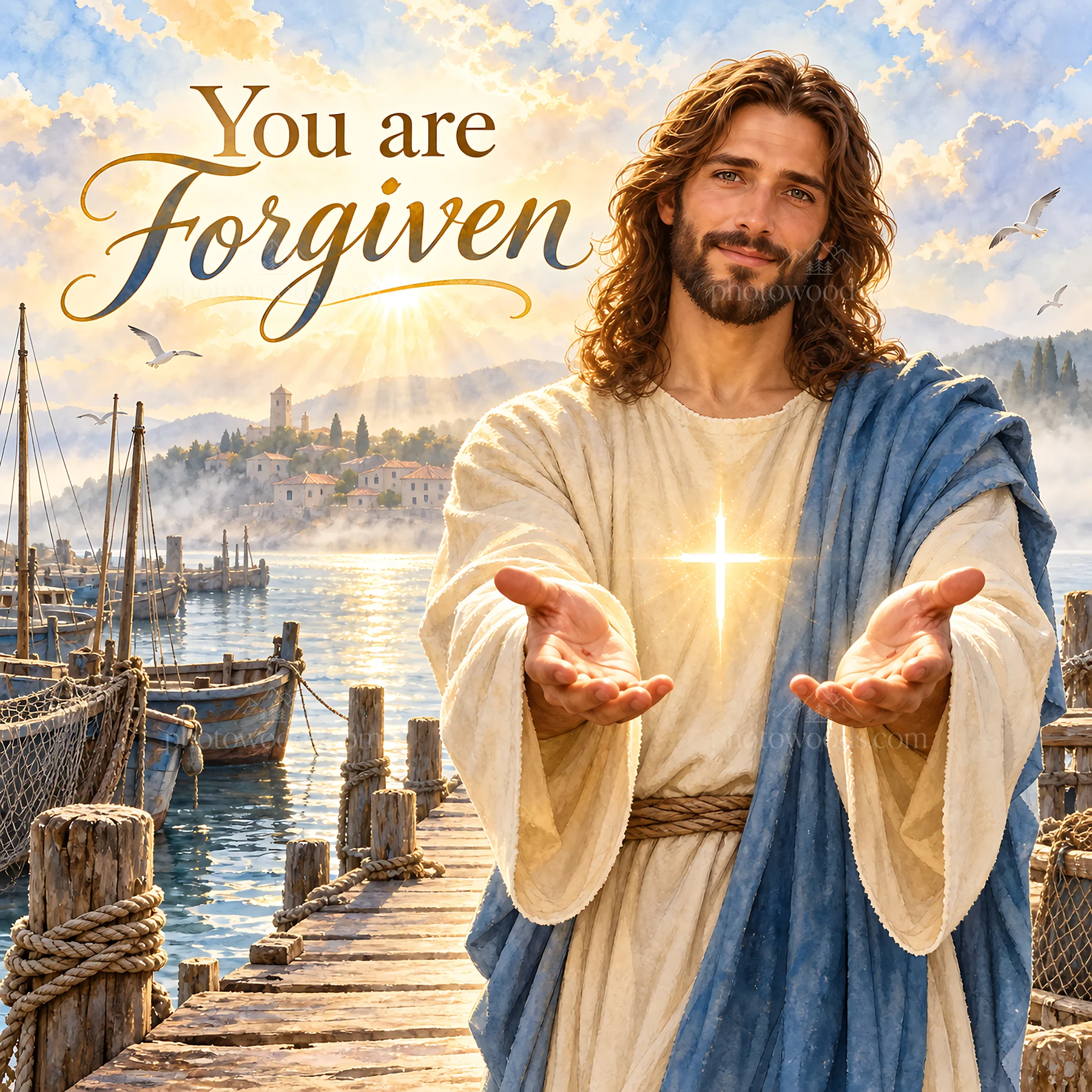 Jesus Christ offers forgiveness by the sea - AI-generated stock image
