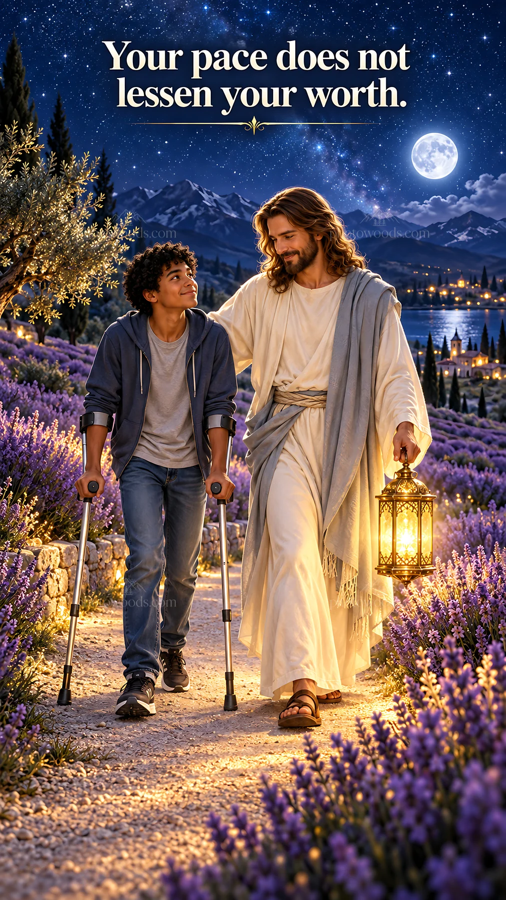 Jesus Christ walking with a young boy in a lavender field - AI-generated stock image