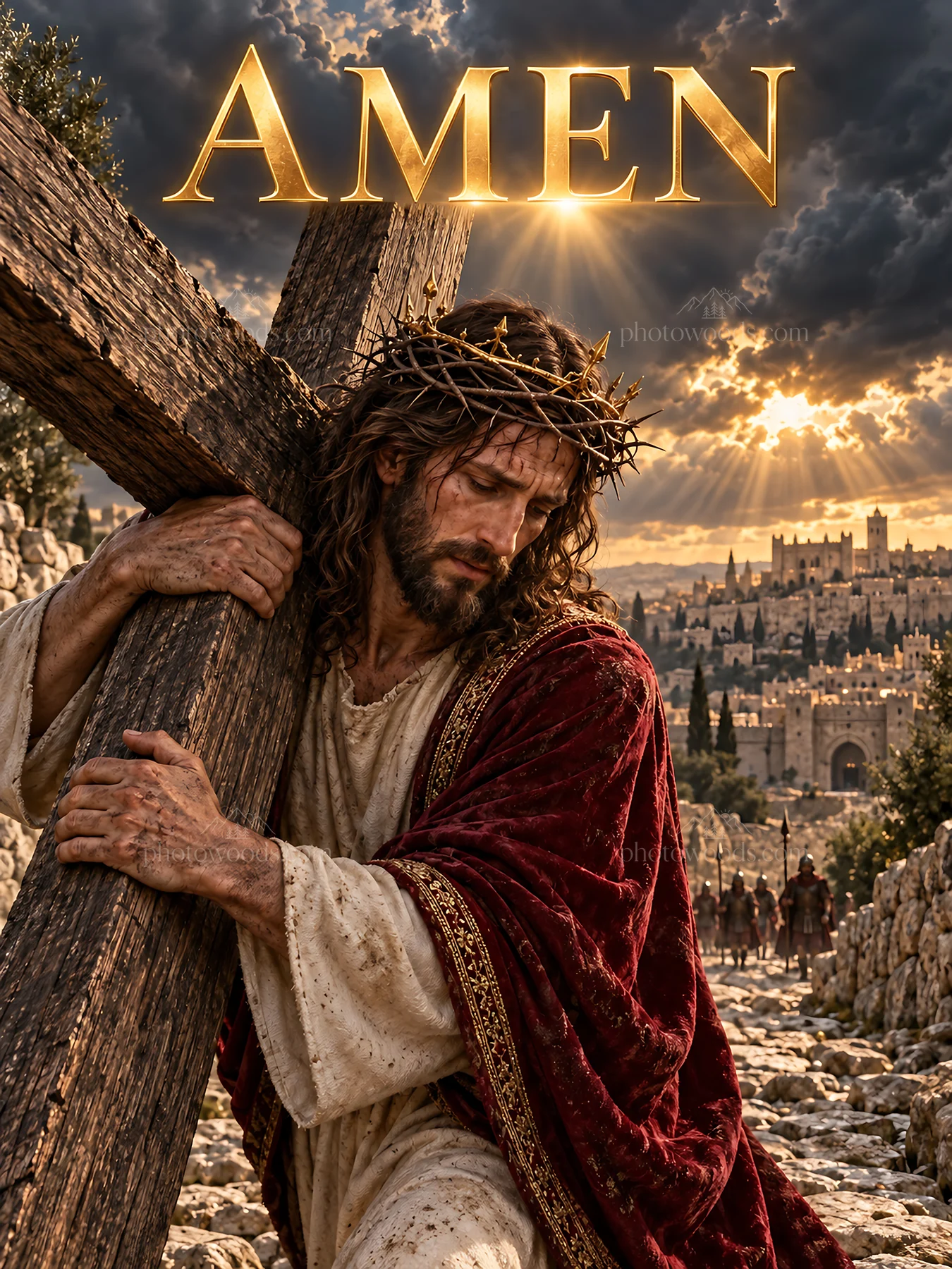 Jesus Christ carries the cross on the path to crucifixion - AI-generated stock image