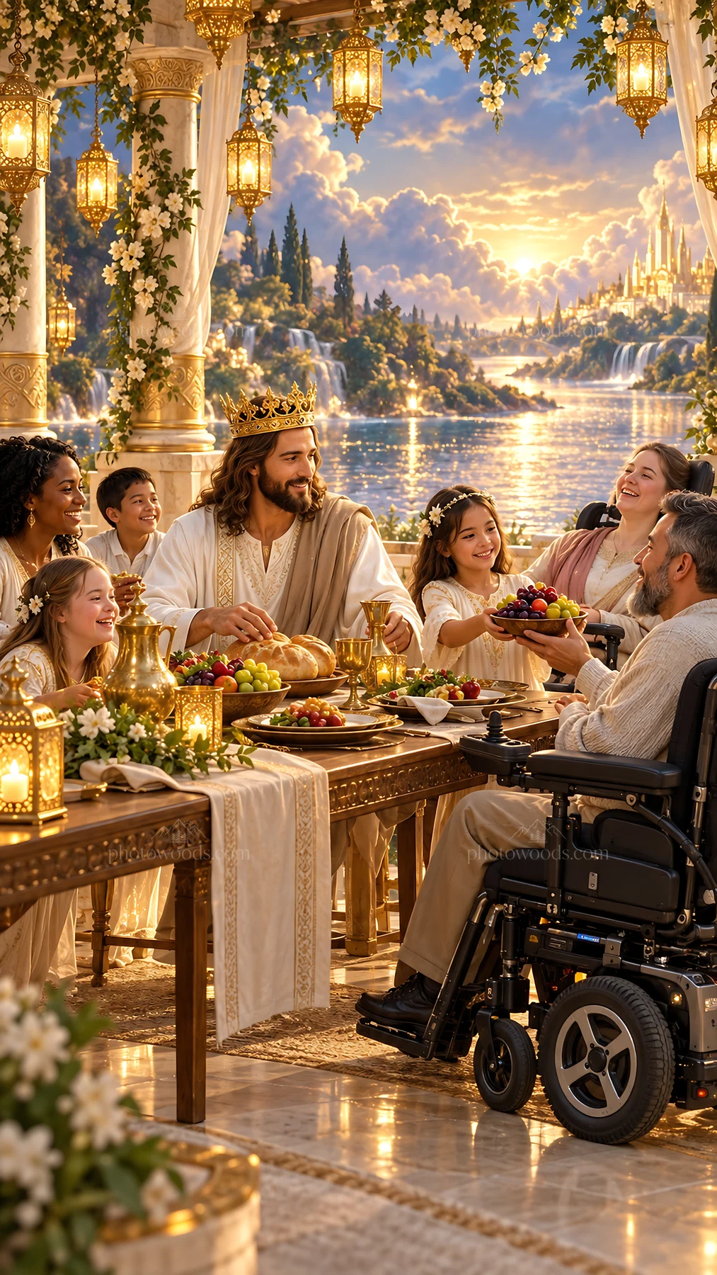 Jesus Christ sharing a meal with friends in a beautiful setting - AI-generated stock image