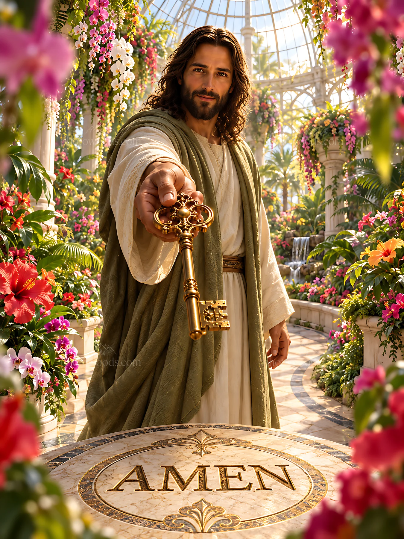 Figure holding key in an orchid conservatory with floral background - AI-generated stock image