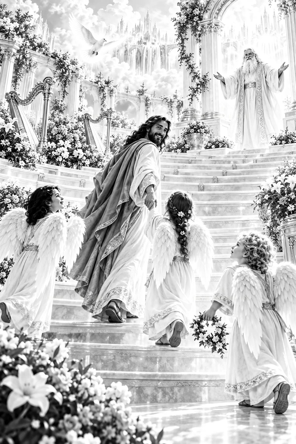 Jesus Christ leading children up the steps to heaven - AI-generated stock image