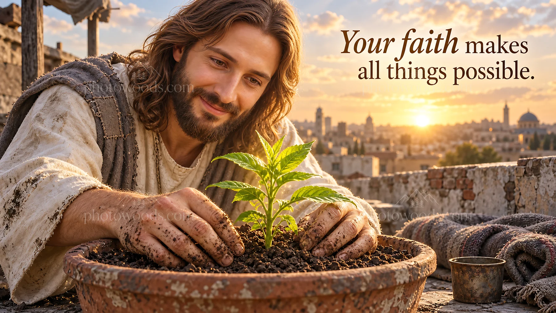 Jesus Christ nurturing a plant in a garden - AI-generated stock image