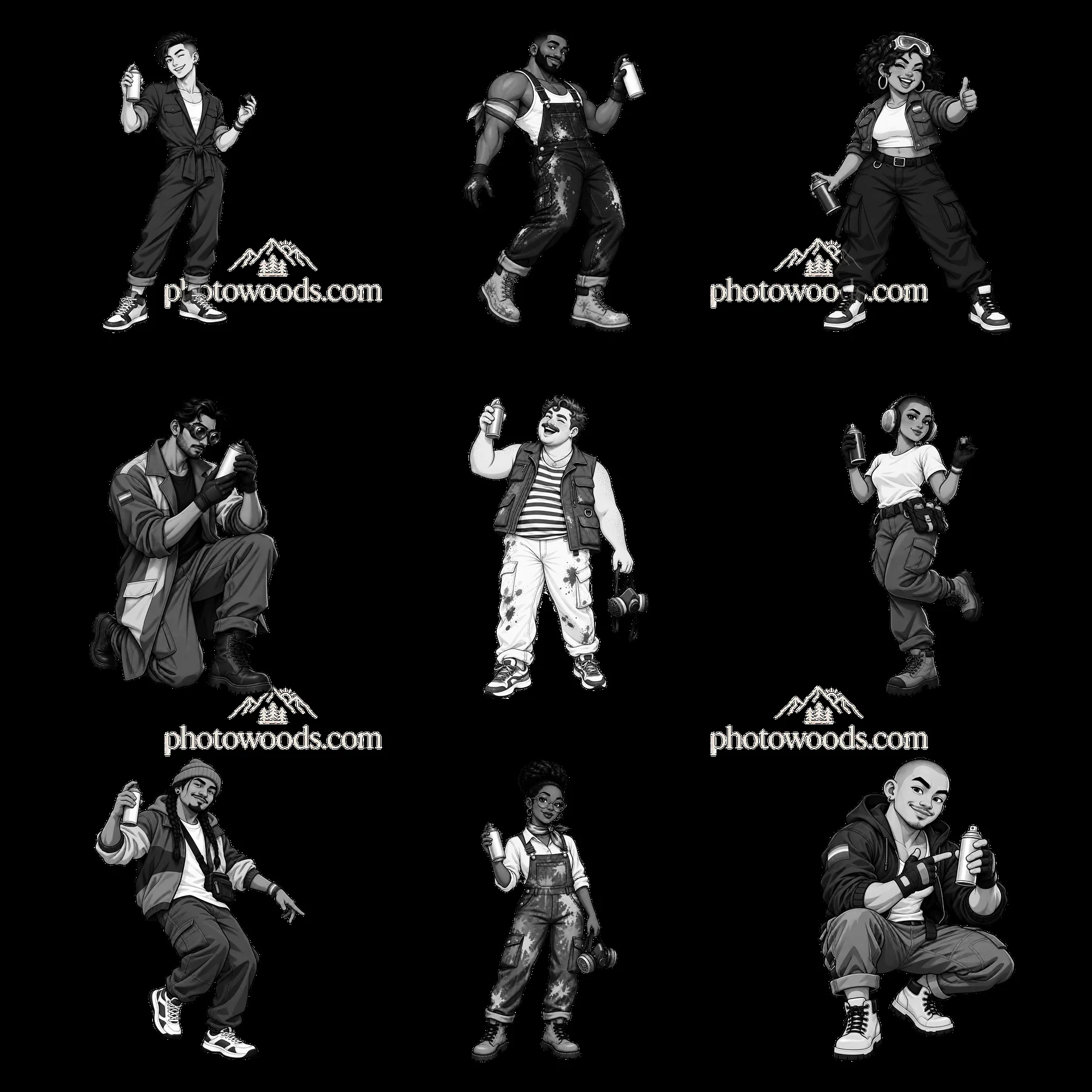 Nine gay graffiti spray painters in black-and-white stickers - AI-generated stock image