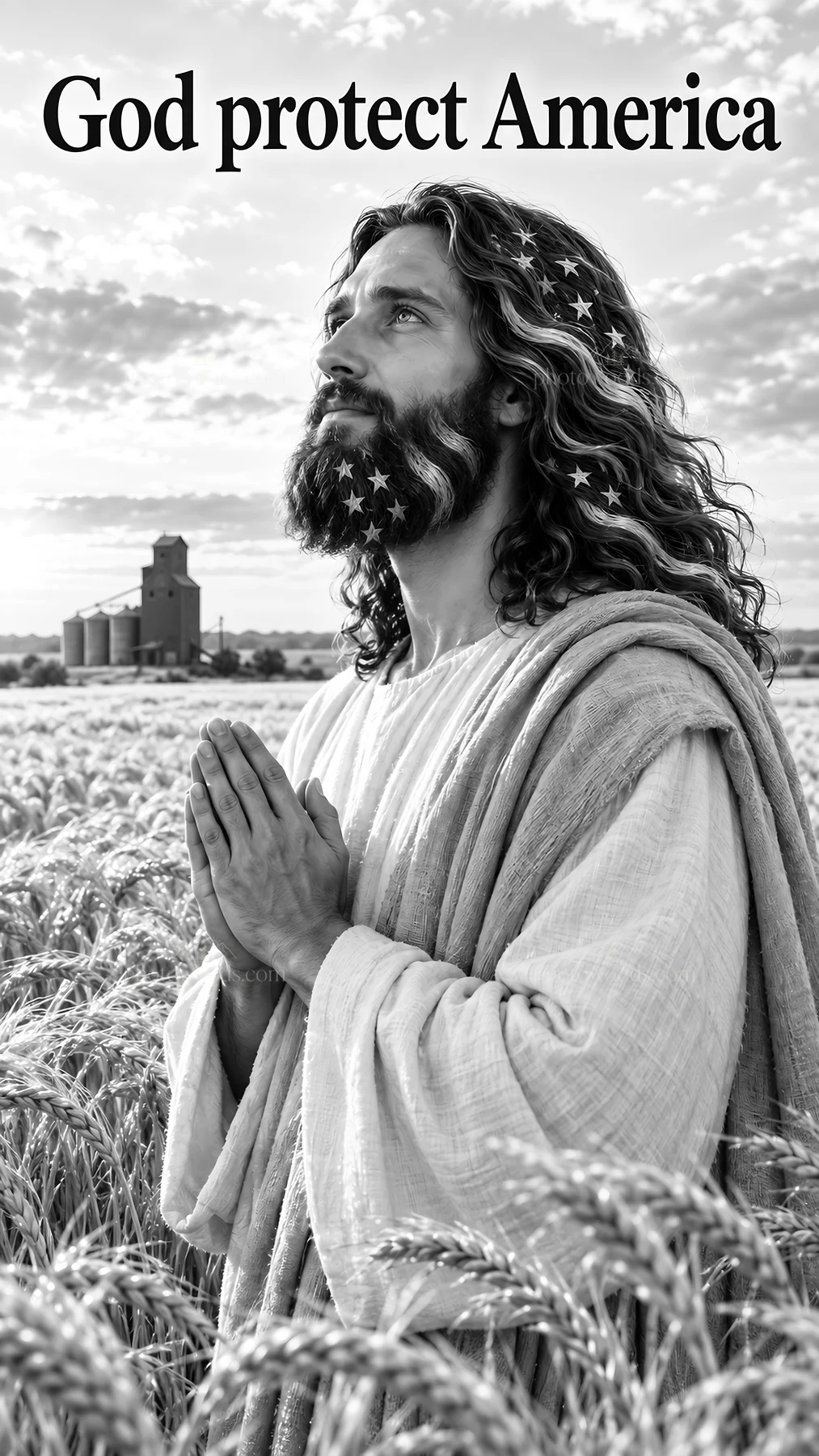 Jesus Christ praying in a wheat field for America - AI-generated stock image
