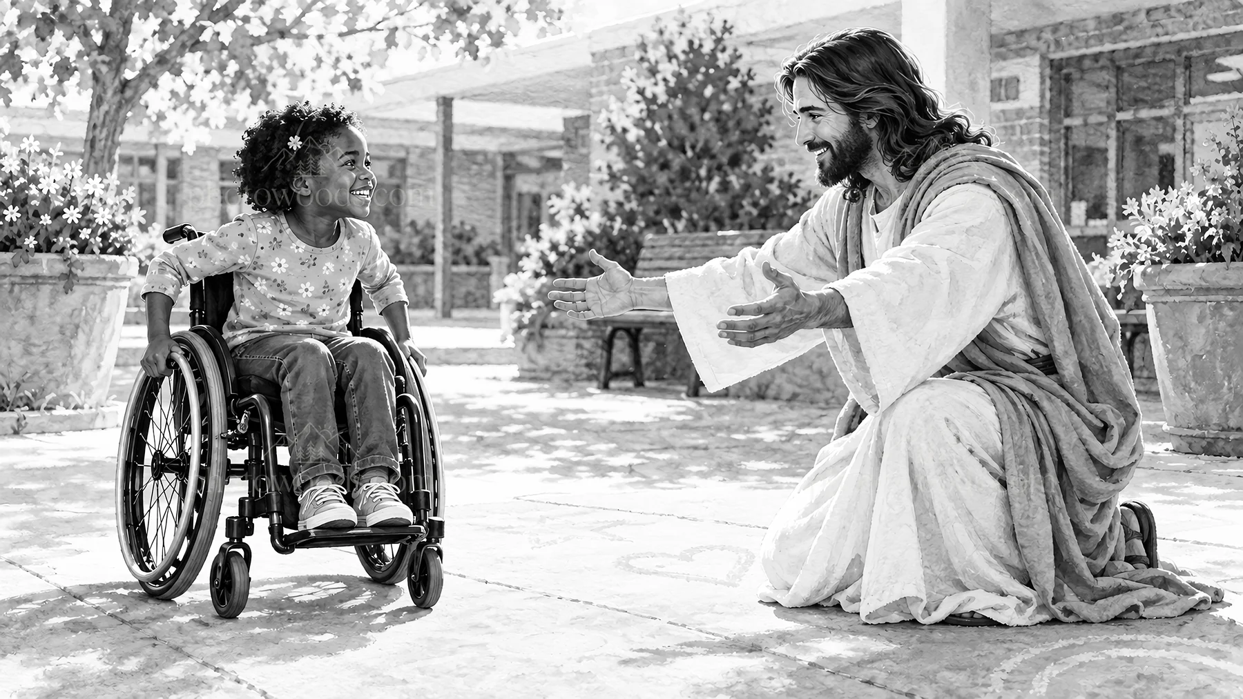 Jesus Christ welcomes a joyful child in a wheelchair - AI-generated stock image