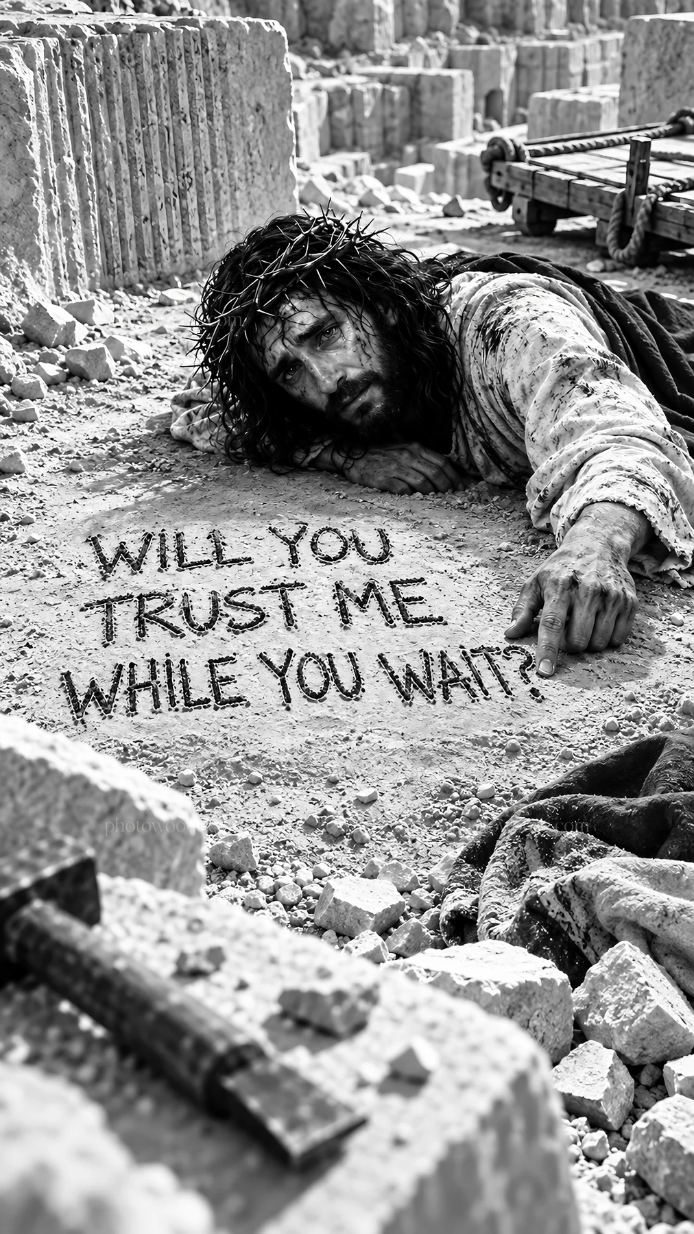 Jesus Christ suffering in the stones asking for trust - AI-generated stock image