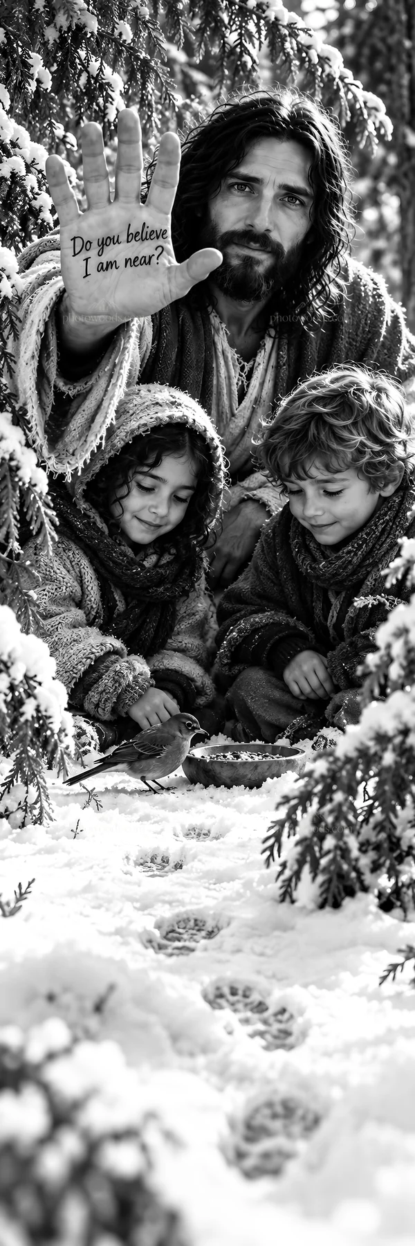 Jesus Christ comforting children in a snowy setting - AI-generated stock image