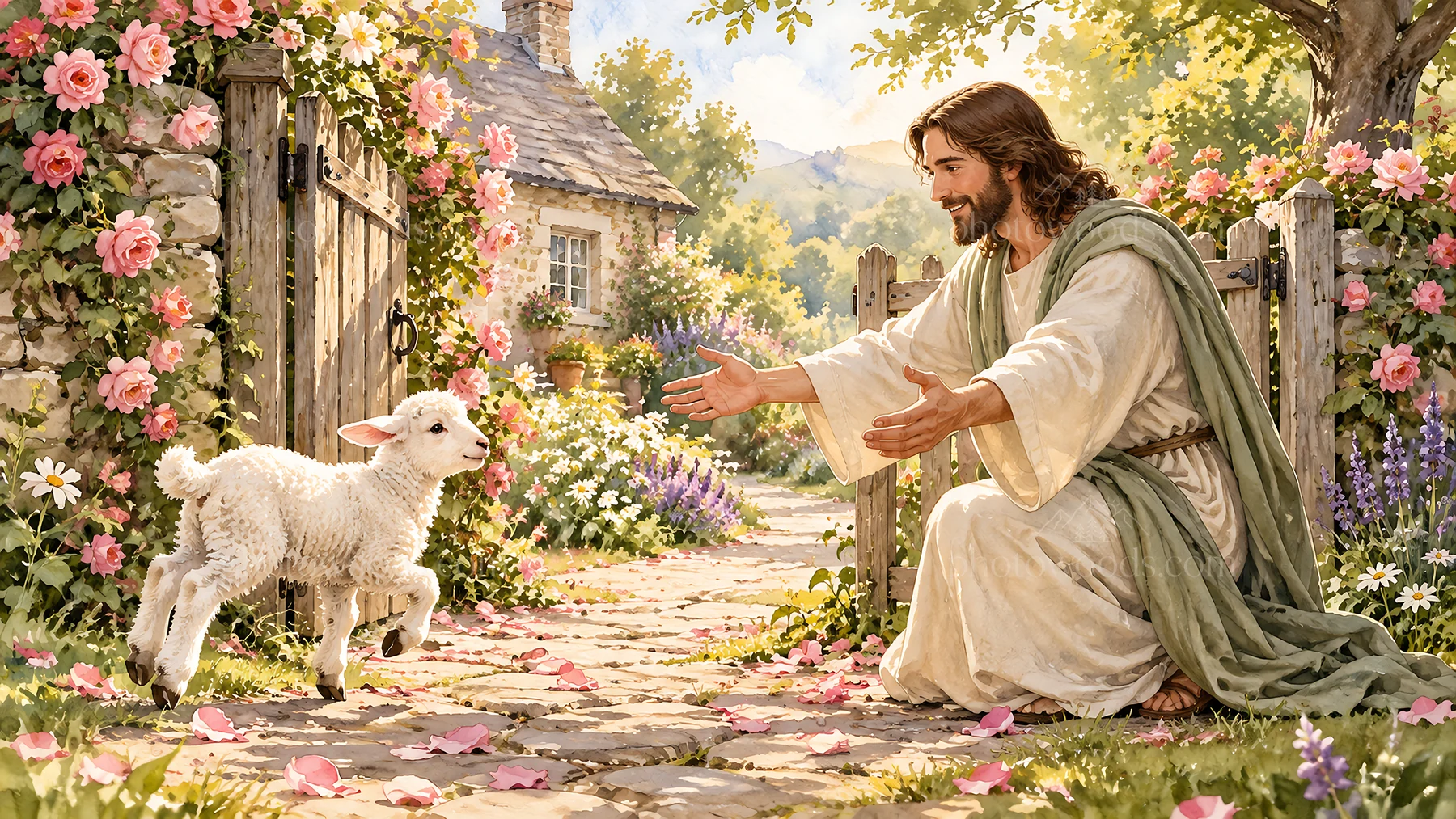 Jesus Christ welcoming a lamb in a garden - AI-generated stock image
