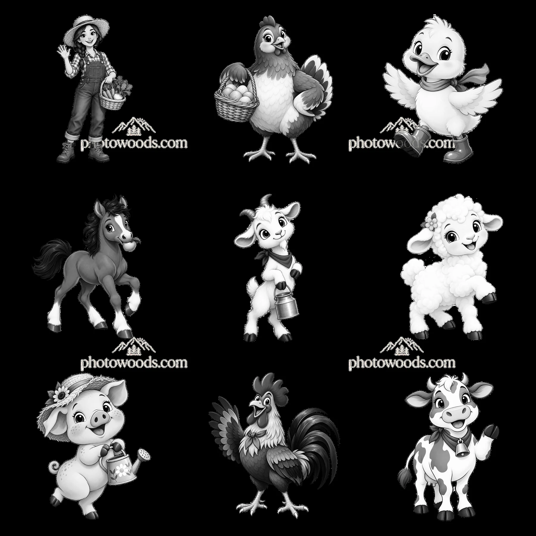Farm animals and farmer collecting produce in black and white - AI-generated stock image