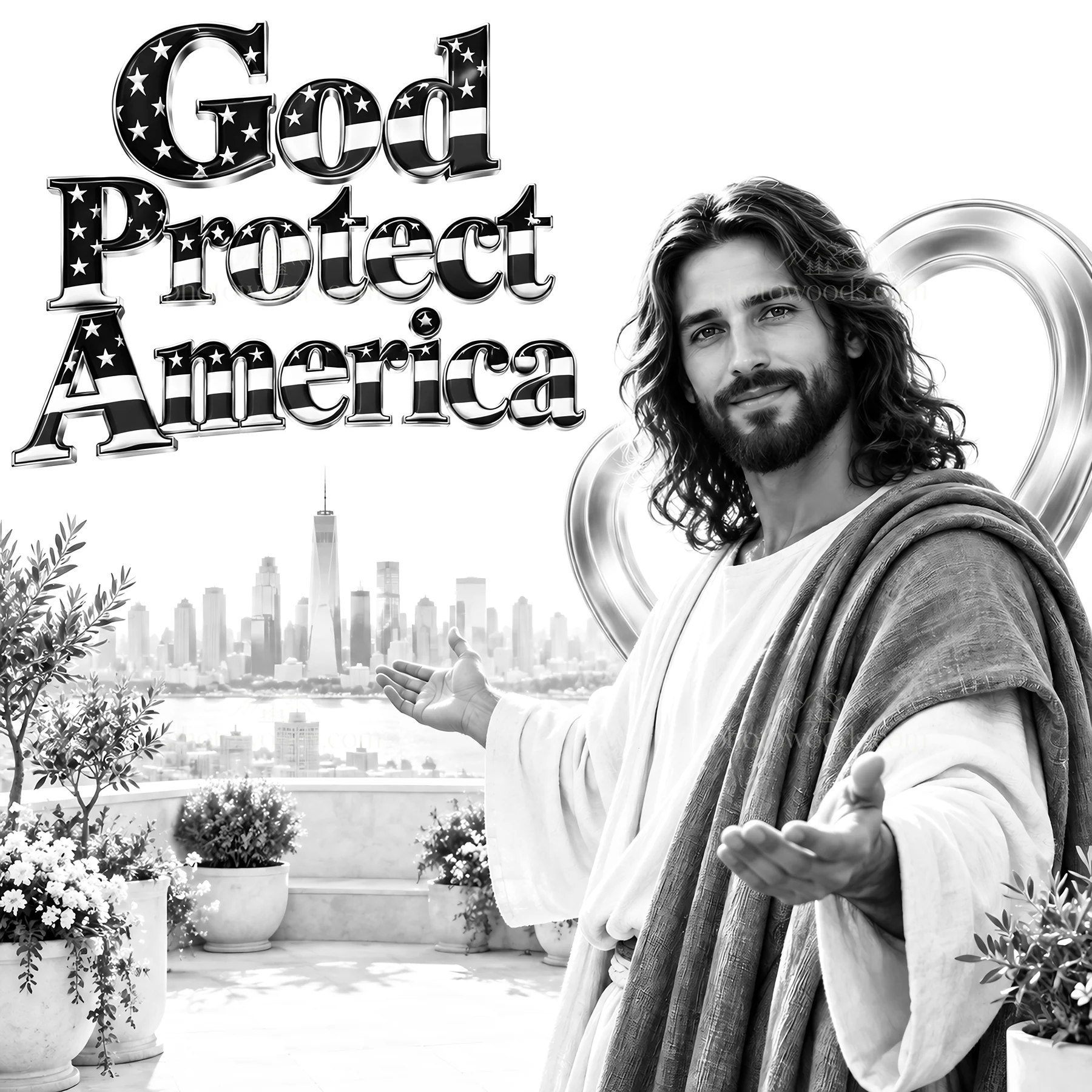 Jesus Christ welcoming with a prayer for America - AI-generated stock image