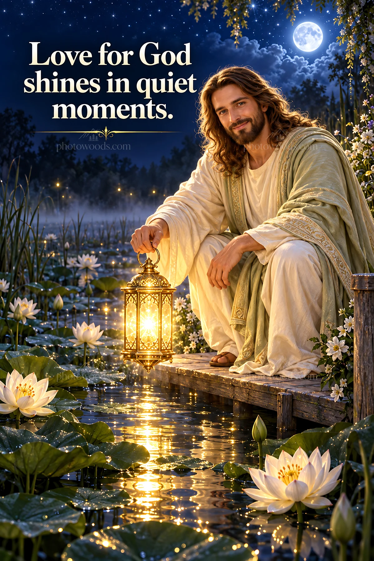 Jesus Christ holding a lantern by a peaceful water scene - AI-generated stock image