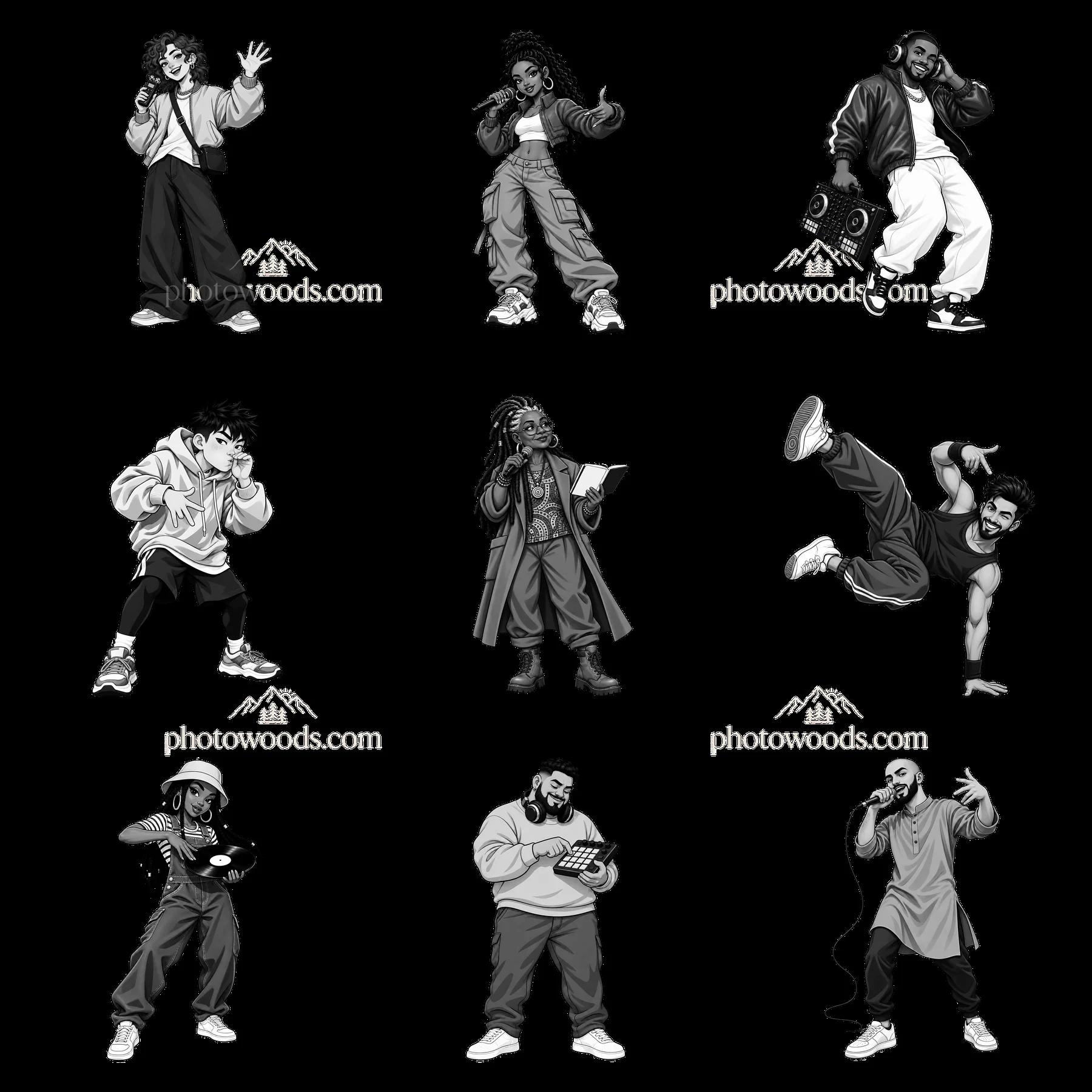 Hip-hop artists in various poses and activities in a 3x3 grid - AI-generated stock image