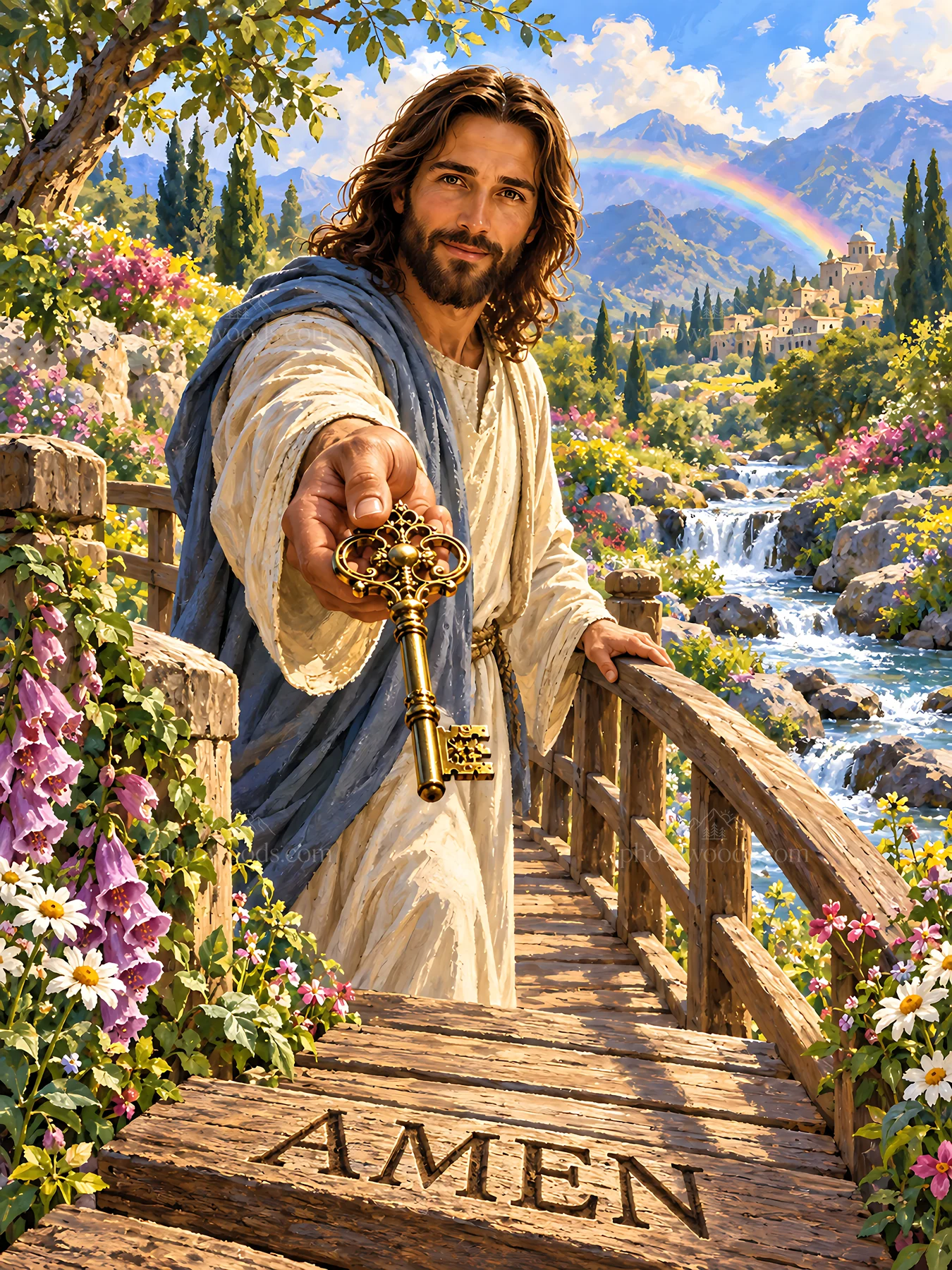 Rainbow Footbridge with a figure holding a key and landscape - AI-generated stock image