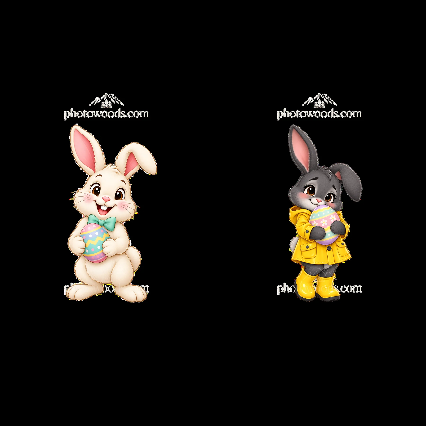 Easter bunny characters with colorful eggs in festive attire - AI-generated stock image