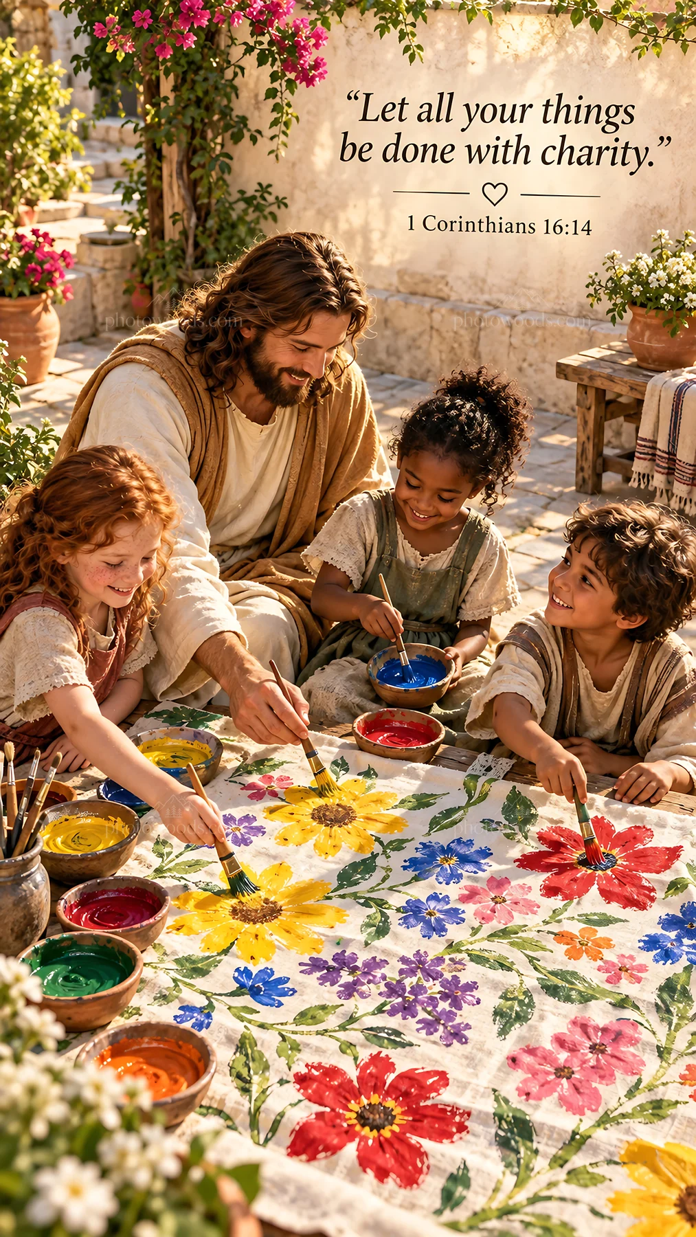 Jesus Christ teaching children to paint in a garden setting - AI-generated stock image
