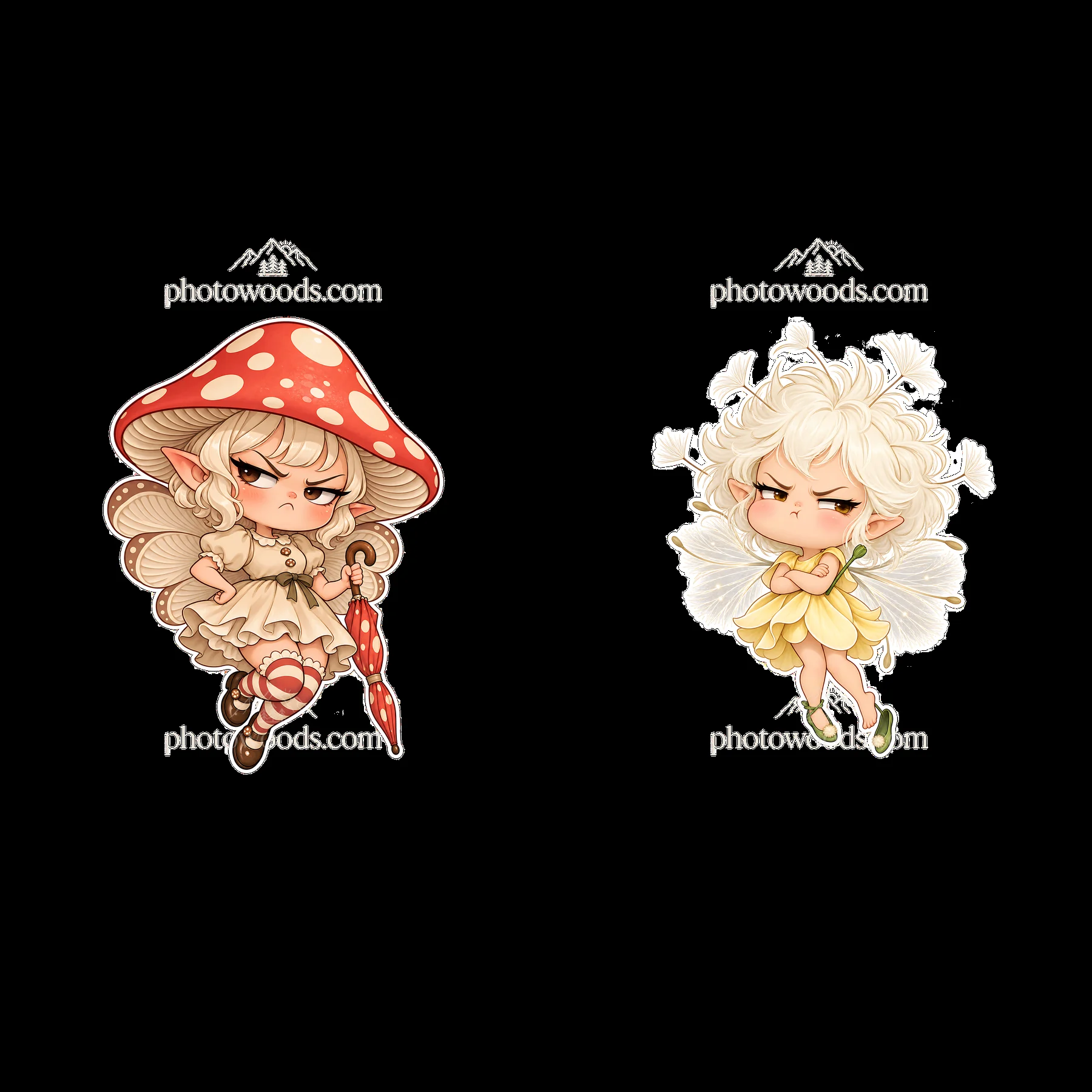 Grumpy fairy with mushroom hat and grumpy fairy with wings - AI-generated stock image