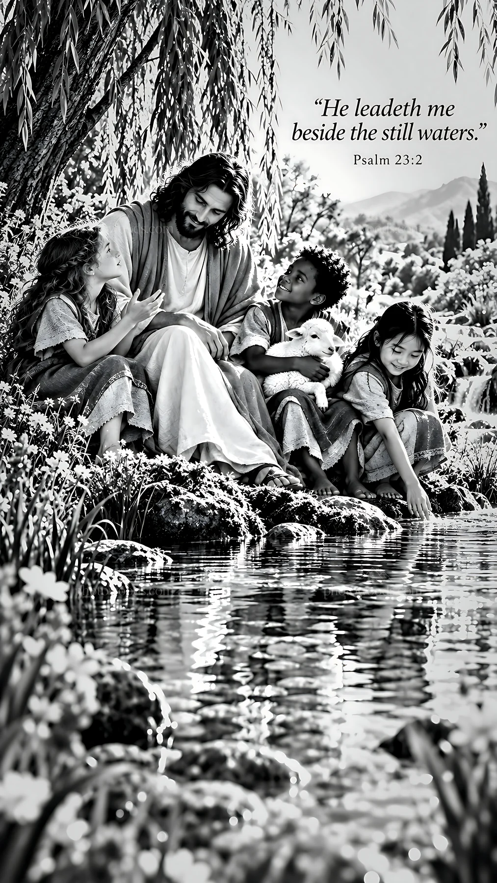 Jesus Christ teaching beside the still waters with children - AI-generated stock image