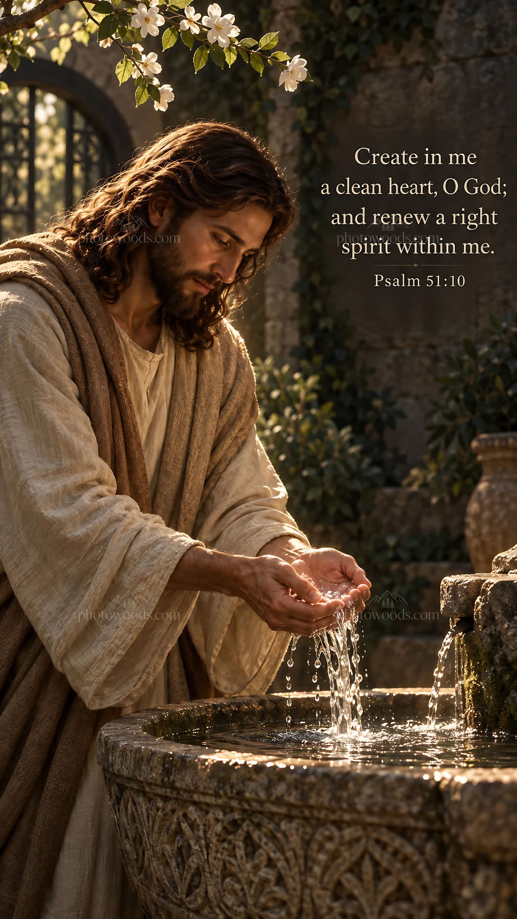 Jesus Christ washing hands at a fountain with prayerful focus - AI-generated stock image