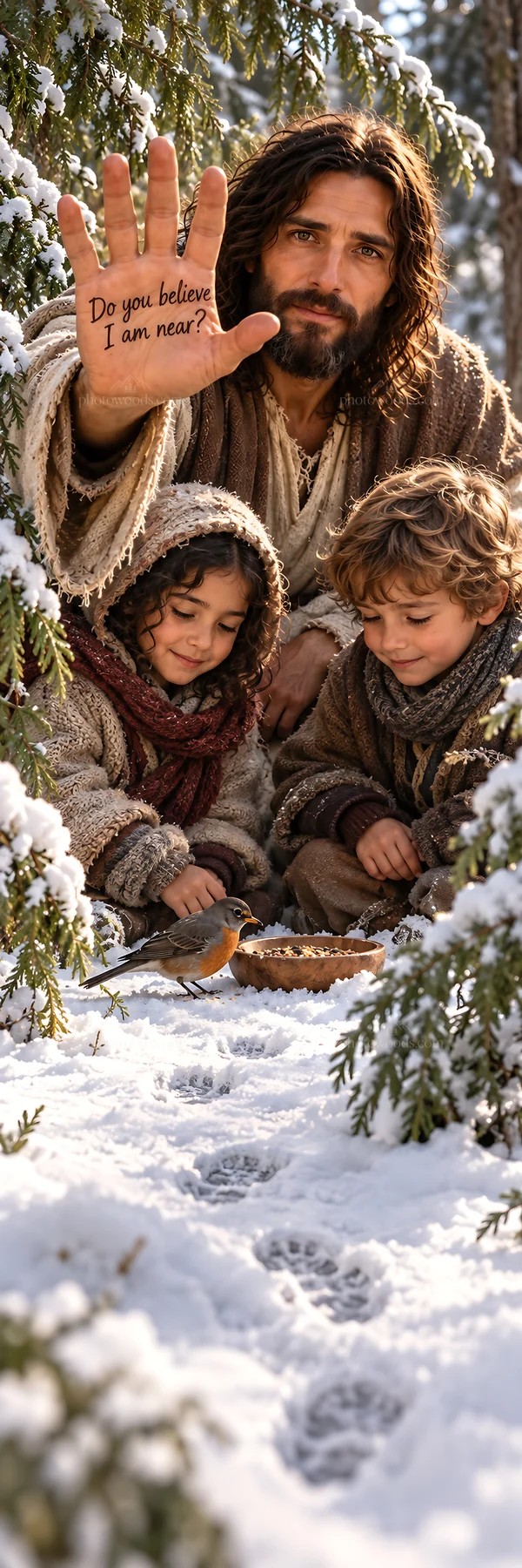 Jesus Christ engaging with children in a snowy landscape - AI-generated stock image