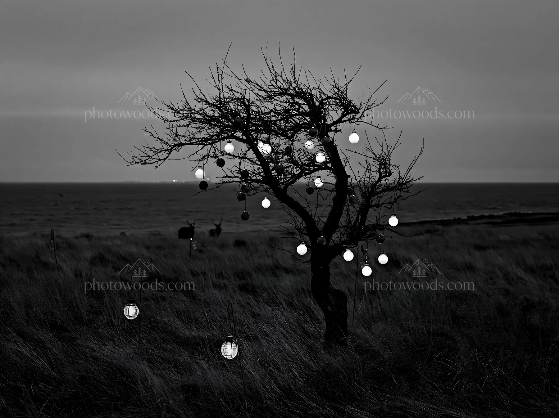 Smart apple tree in meadow with lights near the ocean - AI-generated stock image