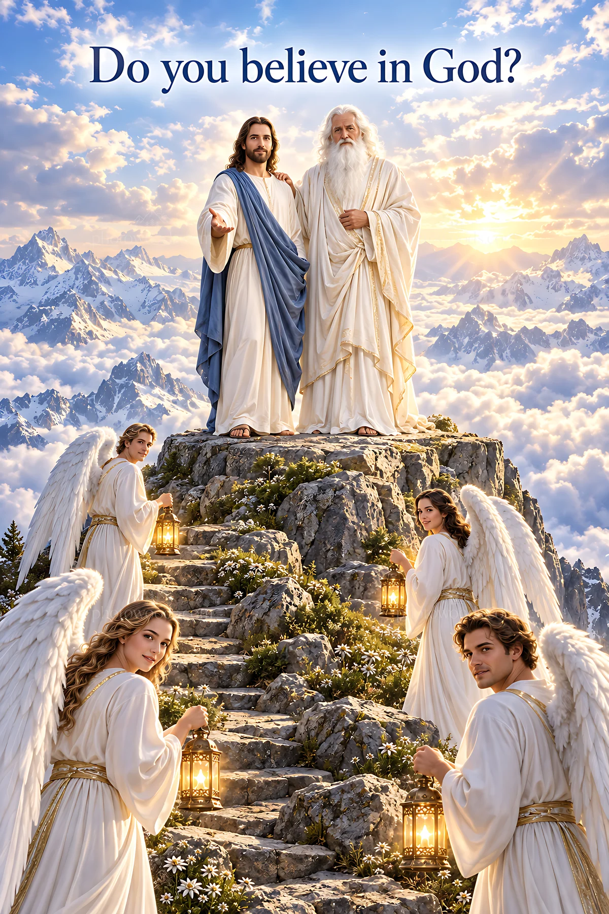 Belief in God illustrated on mountain top with angels - AI-generated stock image