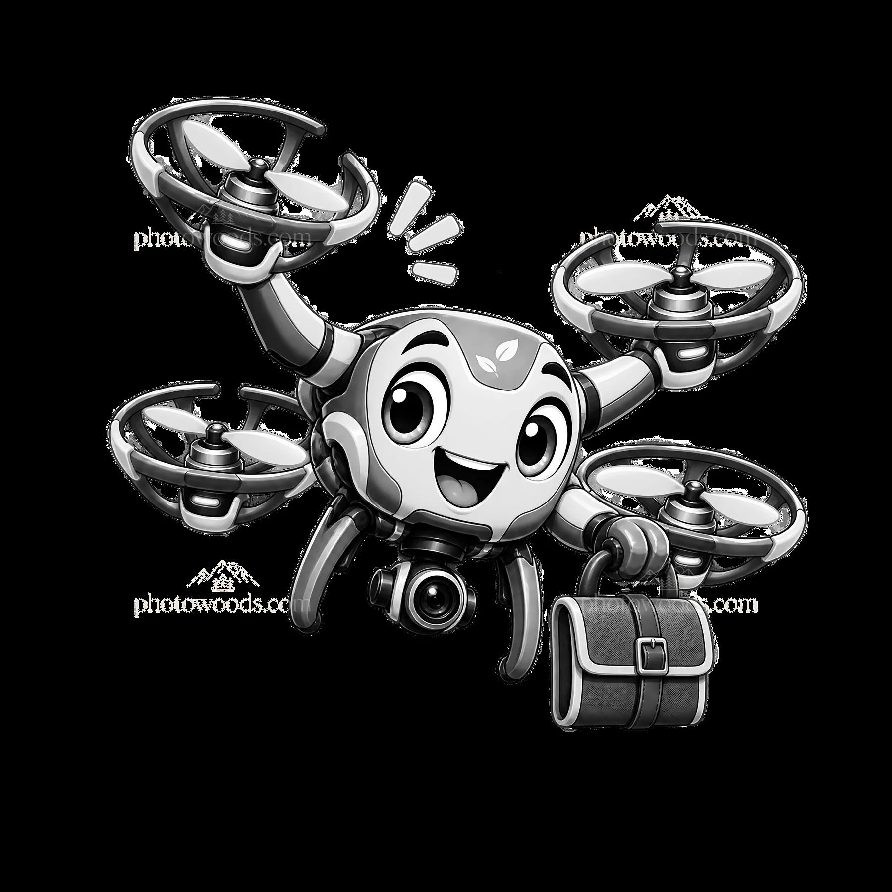 Happy drone character with a carrying bag and cheerful expression - AI-generated stock image