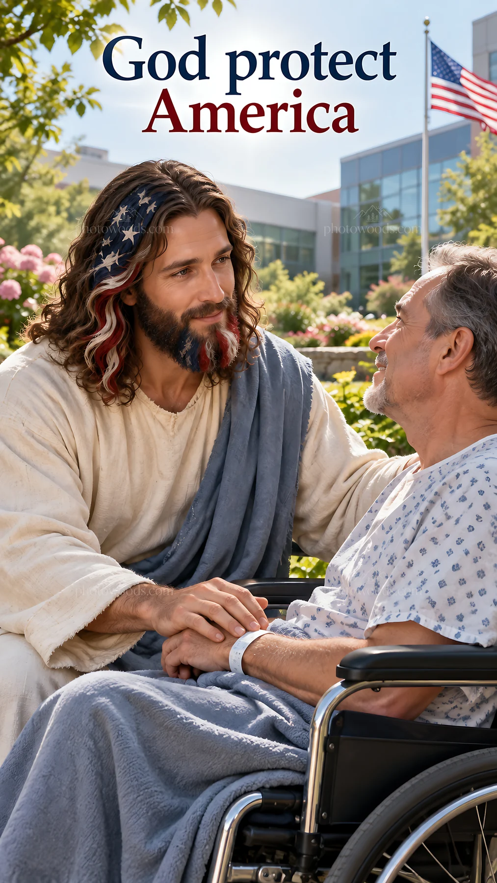 Jesus Christ comforting a man in a wheelchair - AI-generated stock image