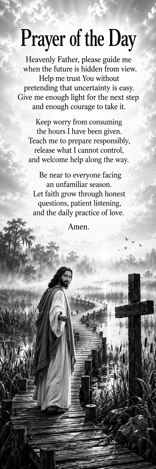 Jesus Christ guiding with prayer in a landscape setting - AI-generated stock image